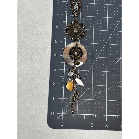 Chicos Necklace Pendant Y Drop Medallion Shell Layered Tassel Charm Bronze Tone - Picture 12 of 12
